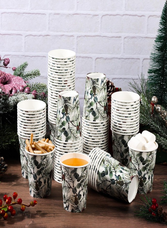 AimFun 100 Pcs Christmas Party Paper Cups Winter Pine Branches Cones and Eucalyptus Disposable Cup Xmas Greenery 9oz Disposable Party Cups for Hot Cold Beverage Coffee Tea Drinks - Image 5